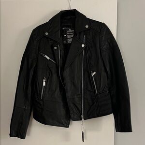 Barneys Originals Black Leather Moto Jacket with Silver Hardware